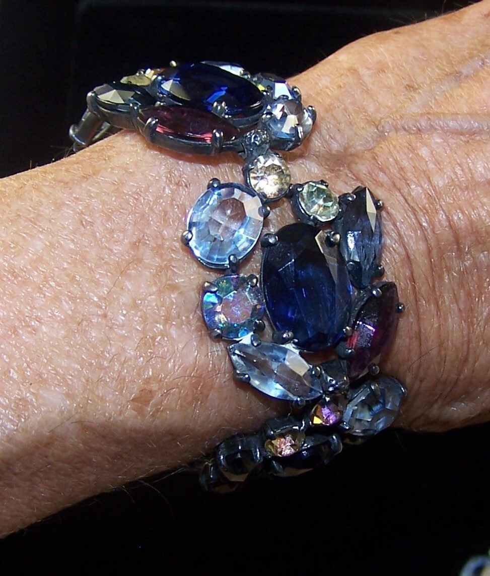 SCHIAPARELLI Sapphire Amethyst Aurora Borealis Crystals Bracelet & Clip Earrings