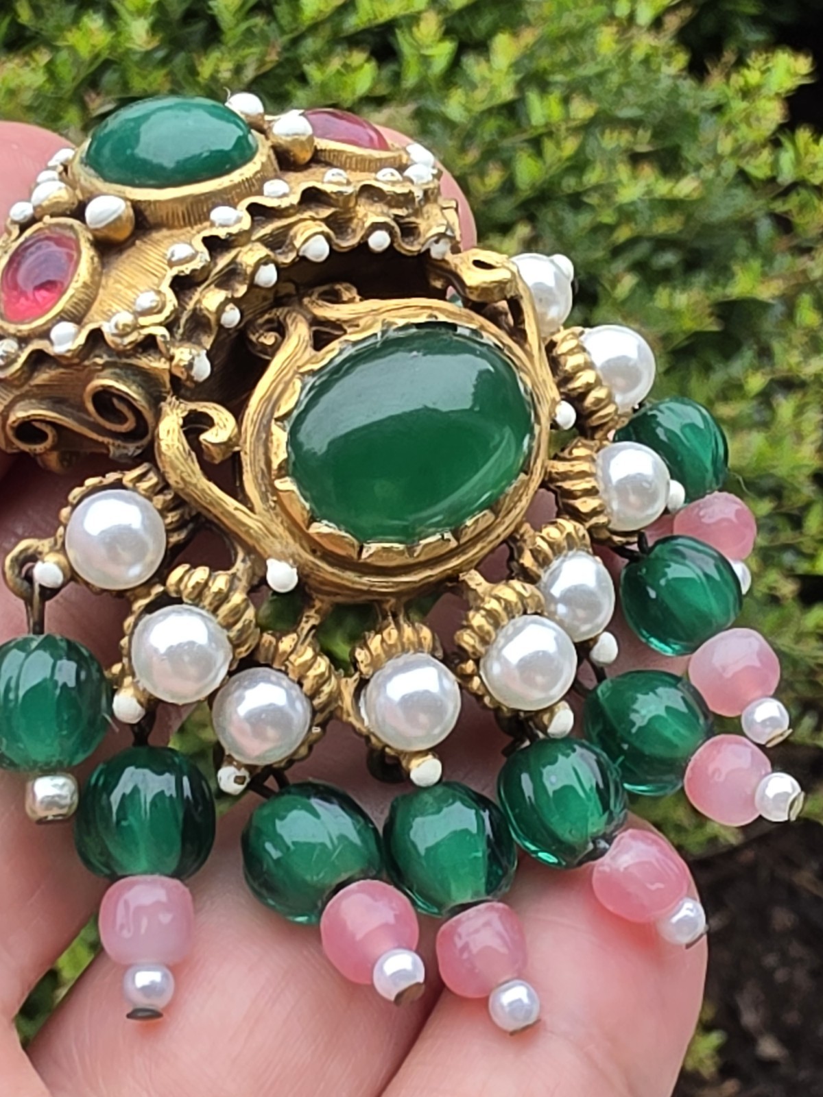 Vtg Signed KJL Jewels of India Mughal Crown Brooch Pendant Green Cabochon Rare