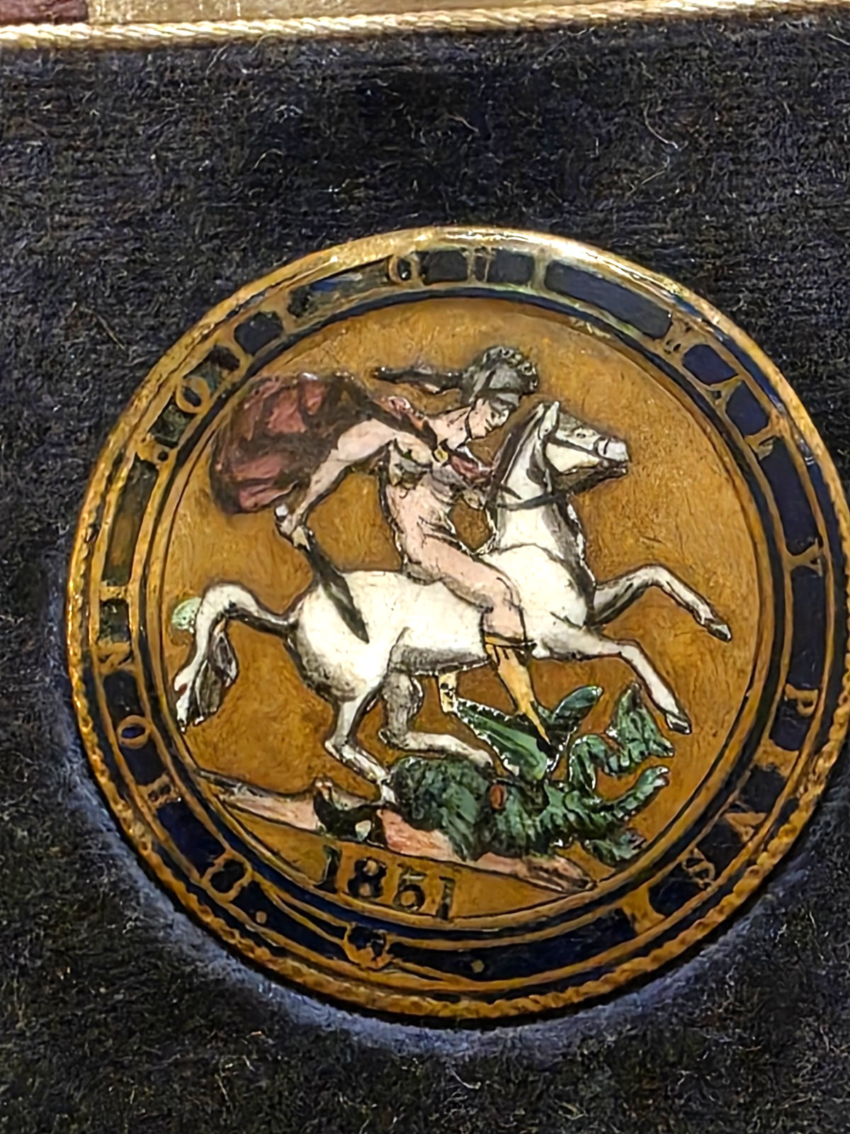 1851 Great Britain London Exhibition Crown Coin w/Enameled ST George, Pin Brooch