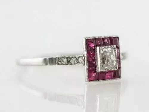 Art Deco Style Princess Cut Lab Created Diamond & Ruby Wedding 14k White Gold FN