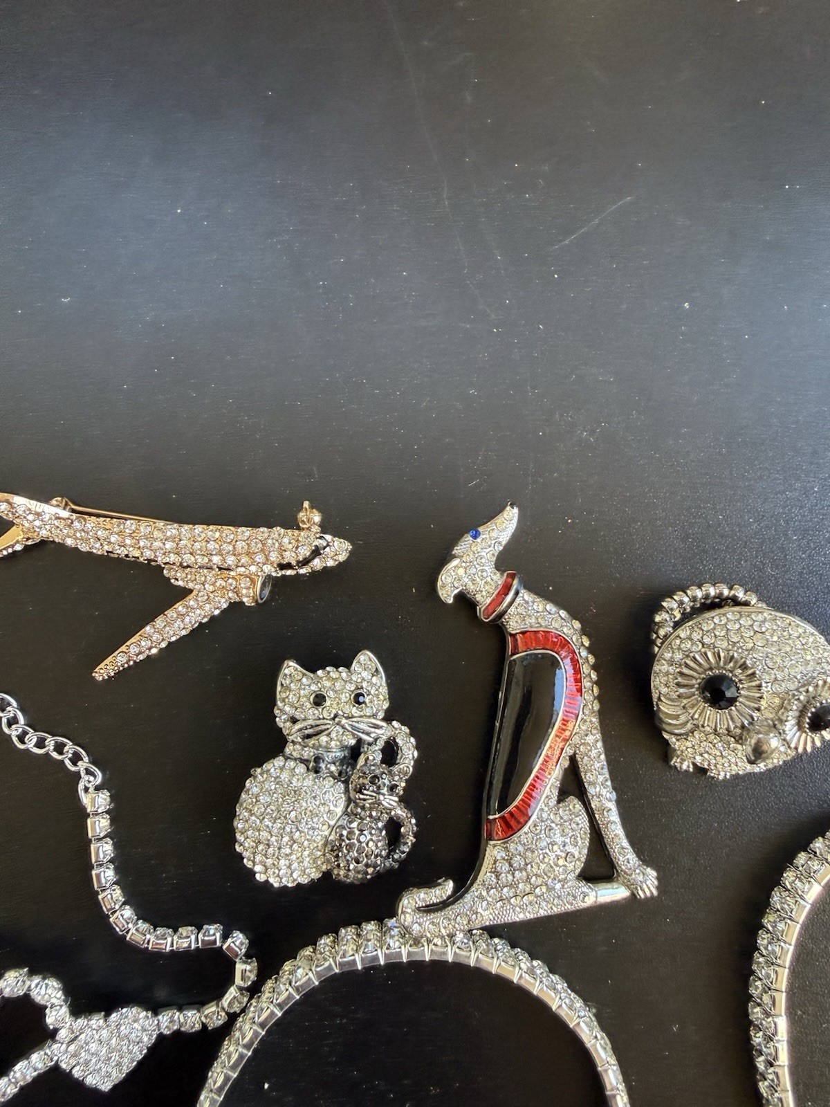 Rhinestone Jewelry Lot – 4 Bracelets, 3 Brooches & 1 Ring, All Crystals Intact