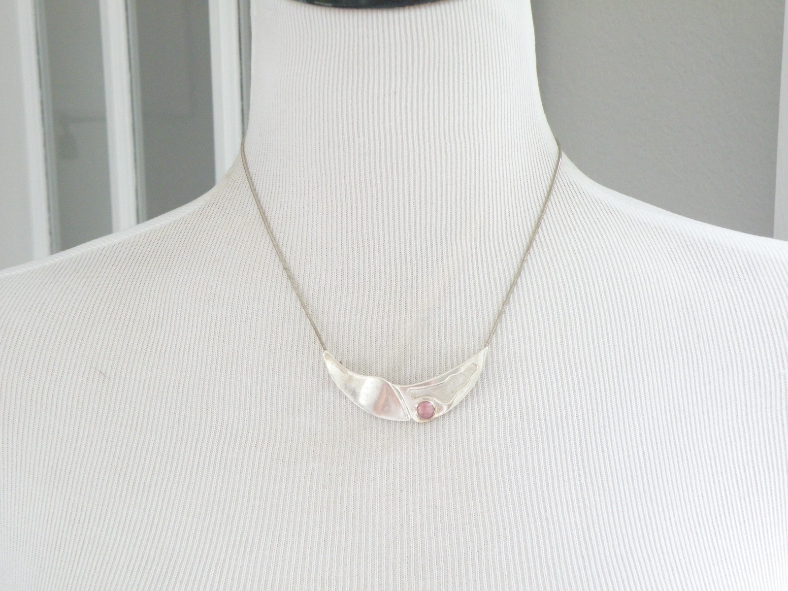 Vintage Sterling Silver 925 Artisan Modernist Rhodochrosite Slide Necklace