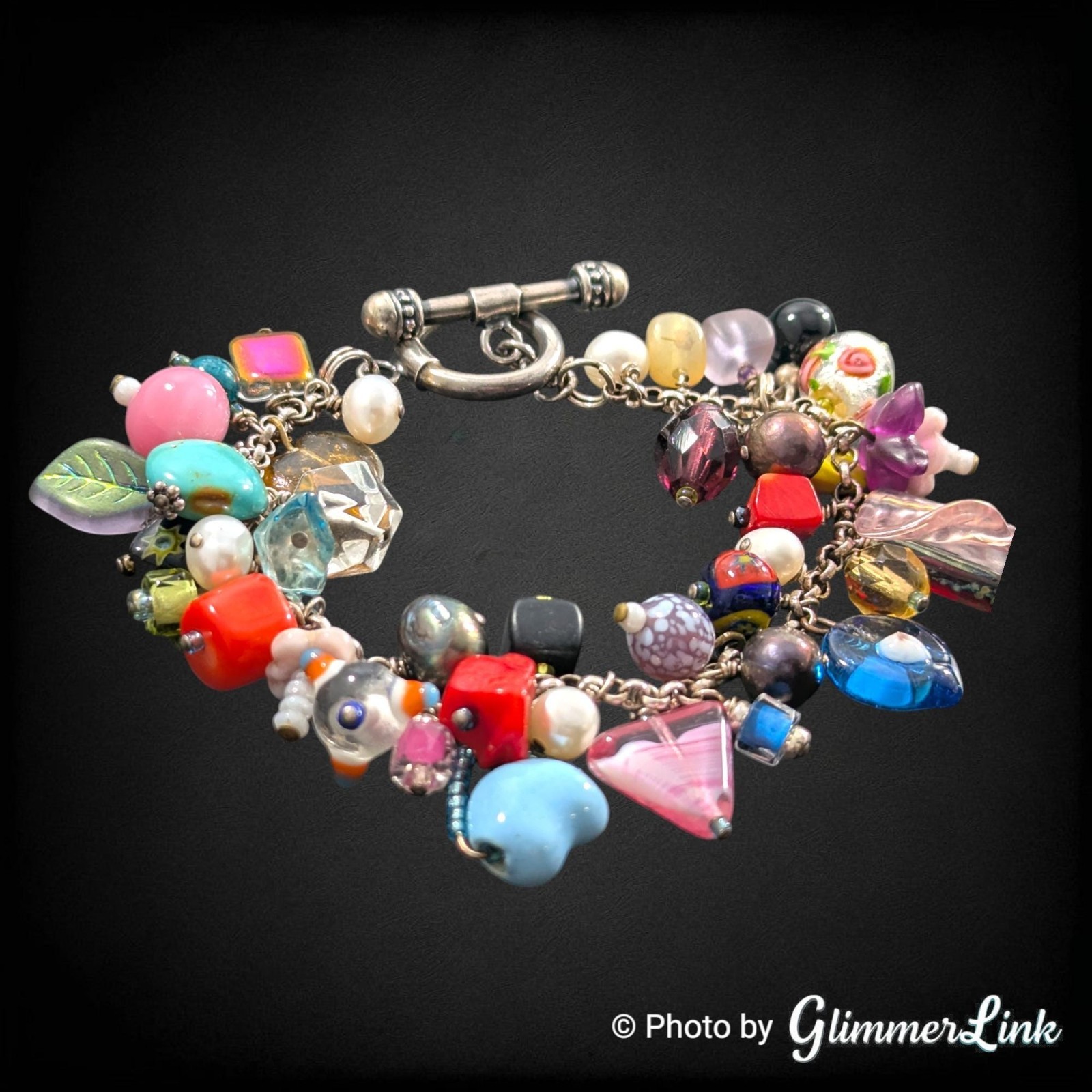 Vintage Artisan Cluster Bead Charm Bracelet Lampwork Glass Pearl Toggle
