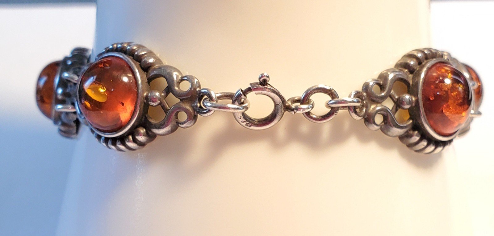 Vintage Baltic Amber Bracelet, Sterling Silver, Signed V-8, By Valerio, Poland
