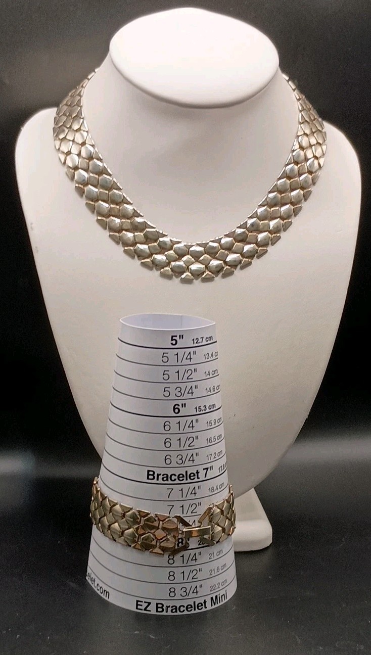 Vintage Wide Flat Mesh Link Silver Tone Choker Necklace Bracelet Set Couture