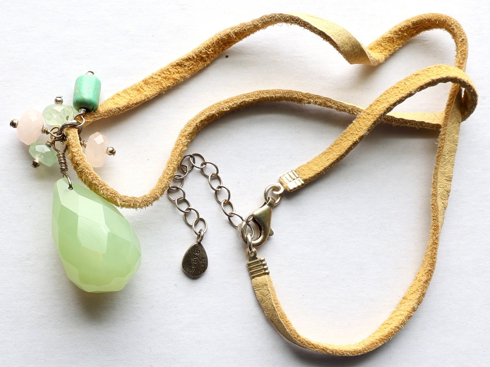 BARSE Sterling Necklace 20″ Suede Green Faceted Pendant Beads .925 Silver VTG