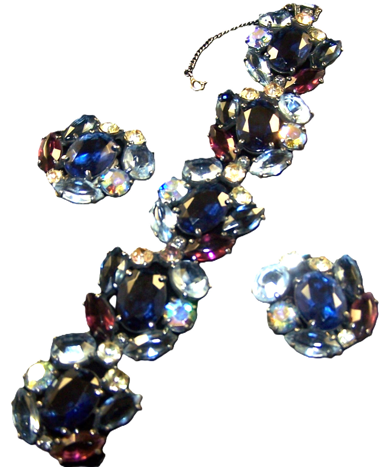 SCHIAPARELLI Sapphire Amethyst Aurora Borealis Crystals Bracelet & Clip Earrings