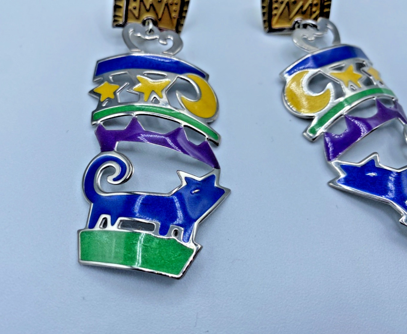 Edgar Berebi Earrings Enamel Silver Tone Metal 2.75” Long Coyote and Moon VTG