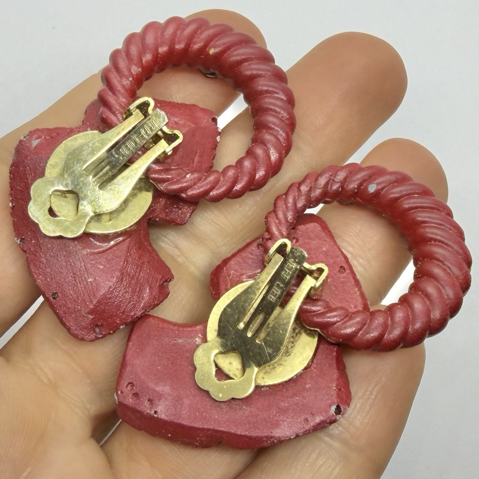 Vtg 80’s Designer Signed Red Gold Lucite Rhinestone Door Knocker Earrings Clip