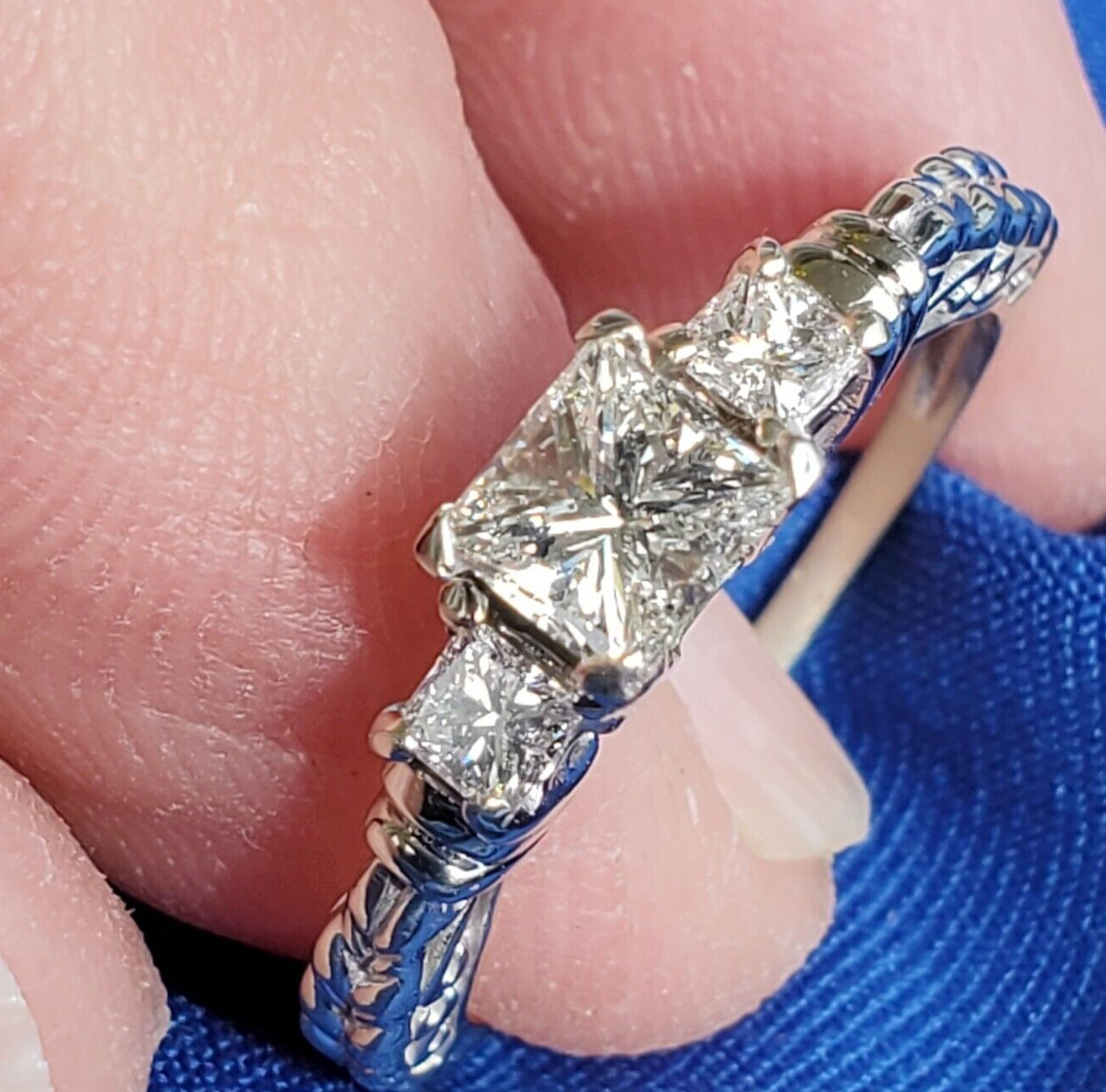 Original EARTH MINED DIAMOND Princess Engagement Ring 3 Stone Solitaire 14K GOLD