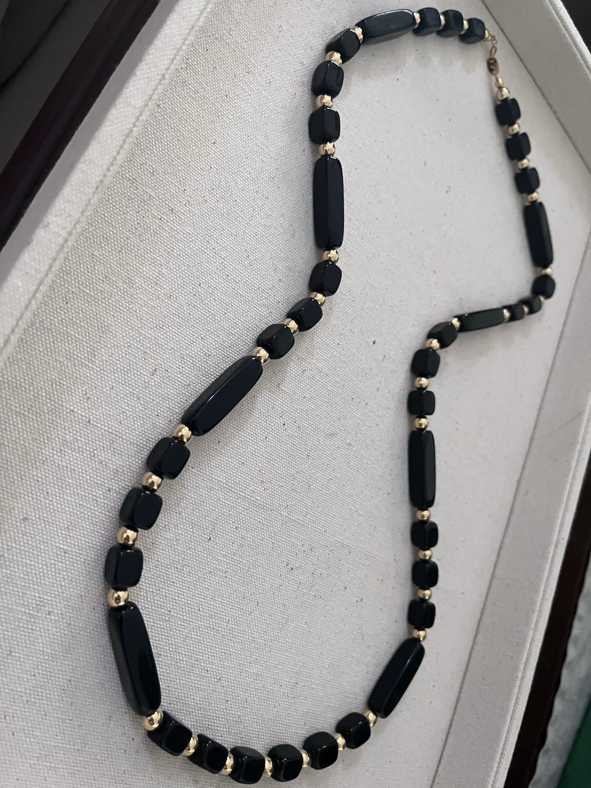 Trifari Signed 1970’s 1980’s Black Gold Resin Acetate Metal Beaded 30” Necklace