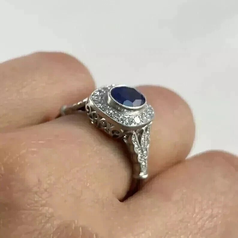 Art Deco 2.25Ct Oval Sapphire & Lab Created Diamond 925 Silver Engagement Ring