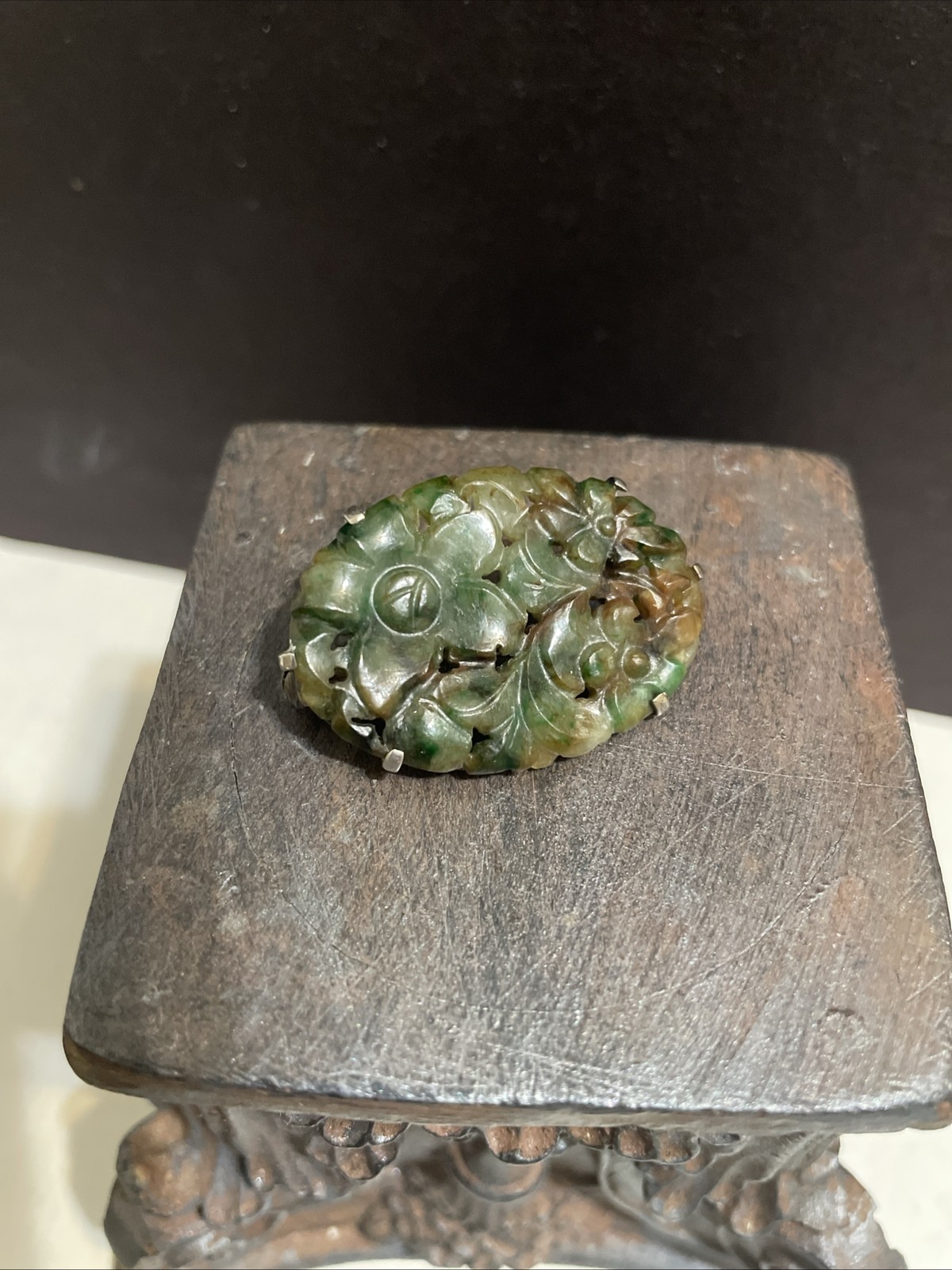 Vintage Floral Carved Green & Brown Jade Jadeite Sterling Silver Brooch Pin