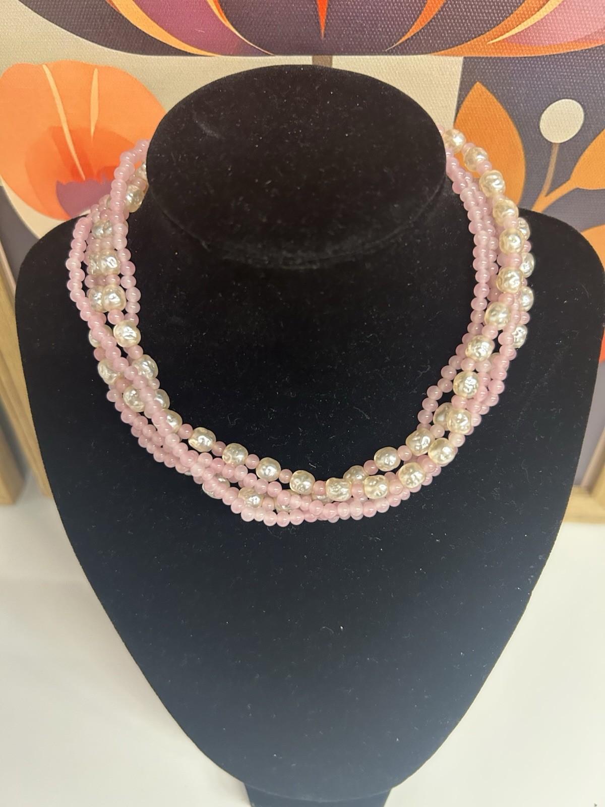 Miriam Haskell Pink Glass Bead And Faux Pearl Necklace/choker