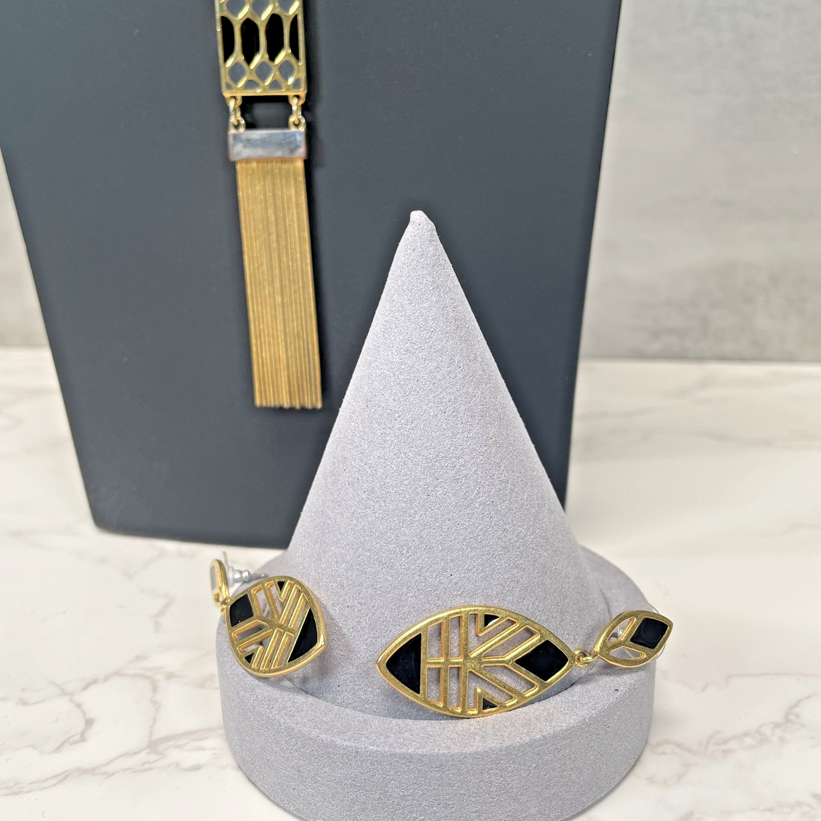 Foxy Made in Canada Gold Tone Multi Color Enamel & Fringe Pendant & Earrings Set
