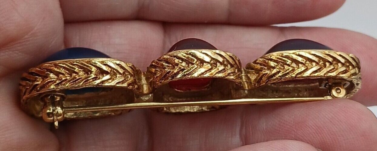 Givenchy Gold Tone Brooch Amethyst Ruby Sapphire Glass Cabochons Signed VTG #J3W