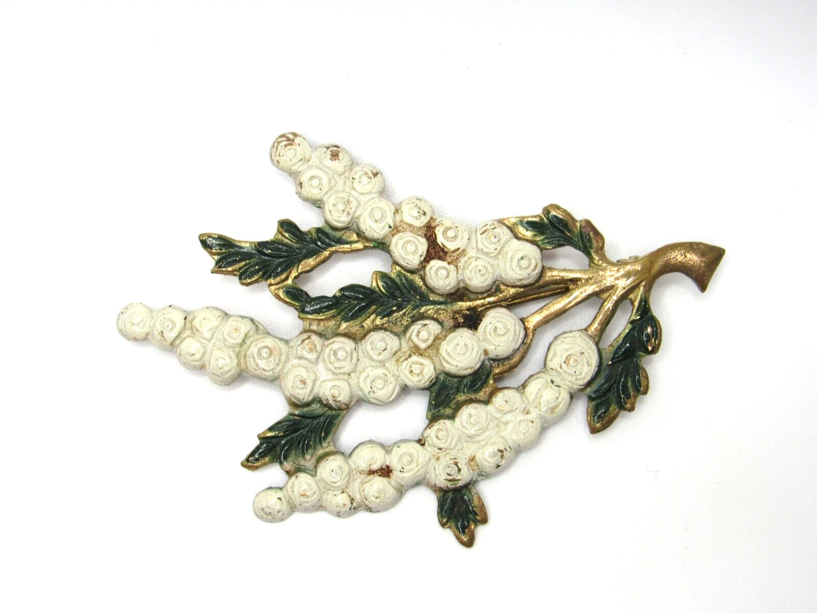 Vintage 1920’s White Wisteria Flower Floral Enamel Gold Tone Flat Brooch Pin