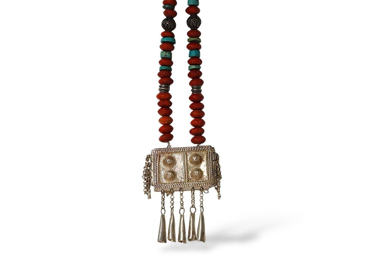 Vintage Yemeni Silver Hirz Necklace 45cm Handmade Carnelian Turquoise Tribal