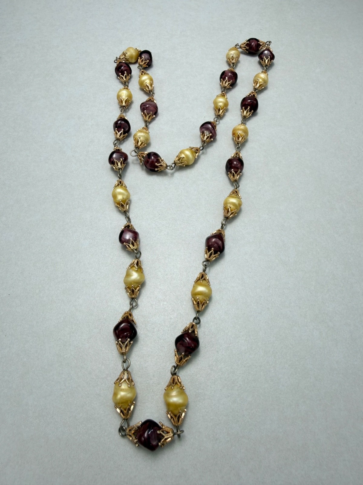Stunning Amethyst Glass & Baroque Imitation Pearl Necklace Gold Tone 31”