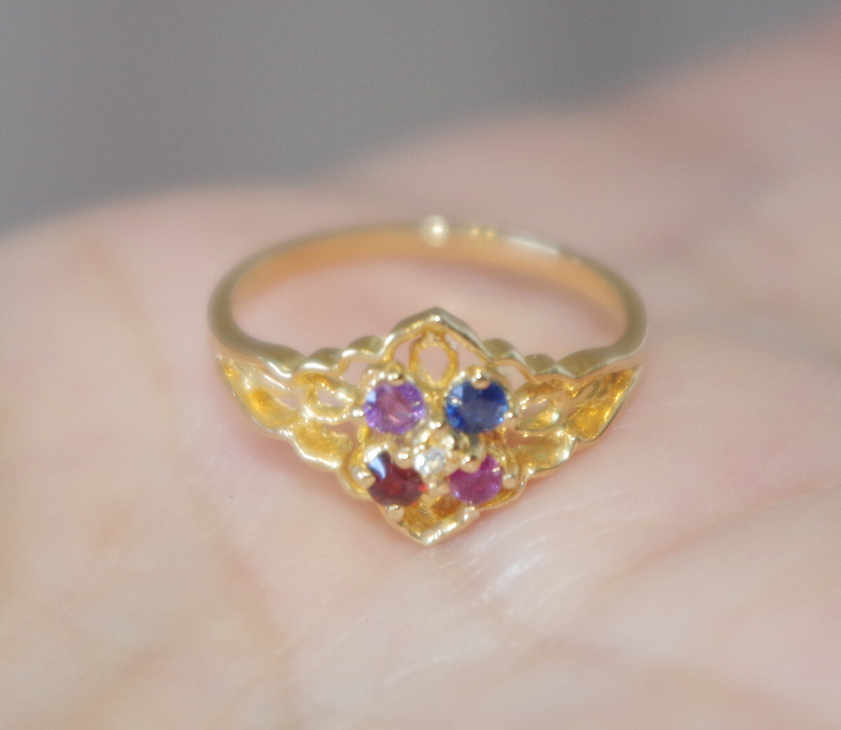Vintage sapphire, Ruby, Amethyst, Smokey Topaz 14k GF Cocktail Four Stone Band R