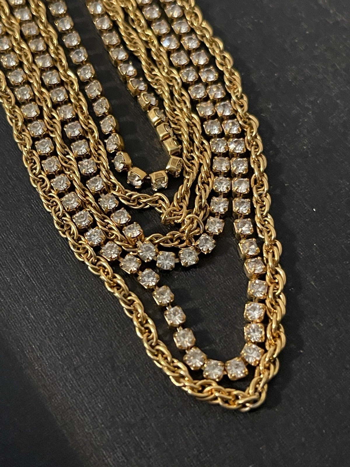 Vintage Multi-Strand Waterfall Rhinestone & Gold Chain Statement Necklace