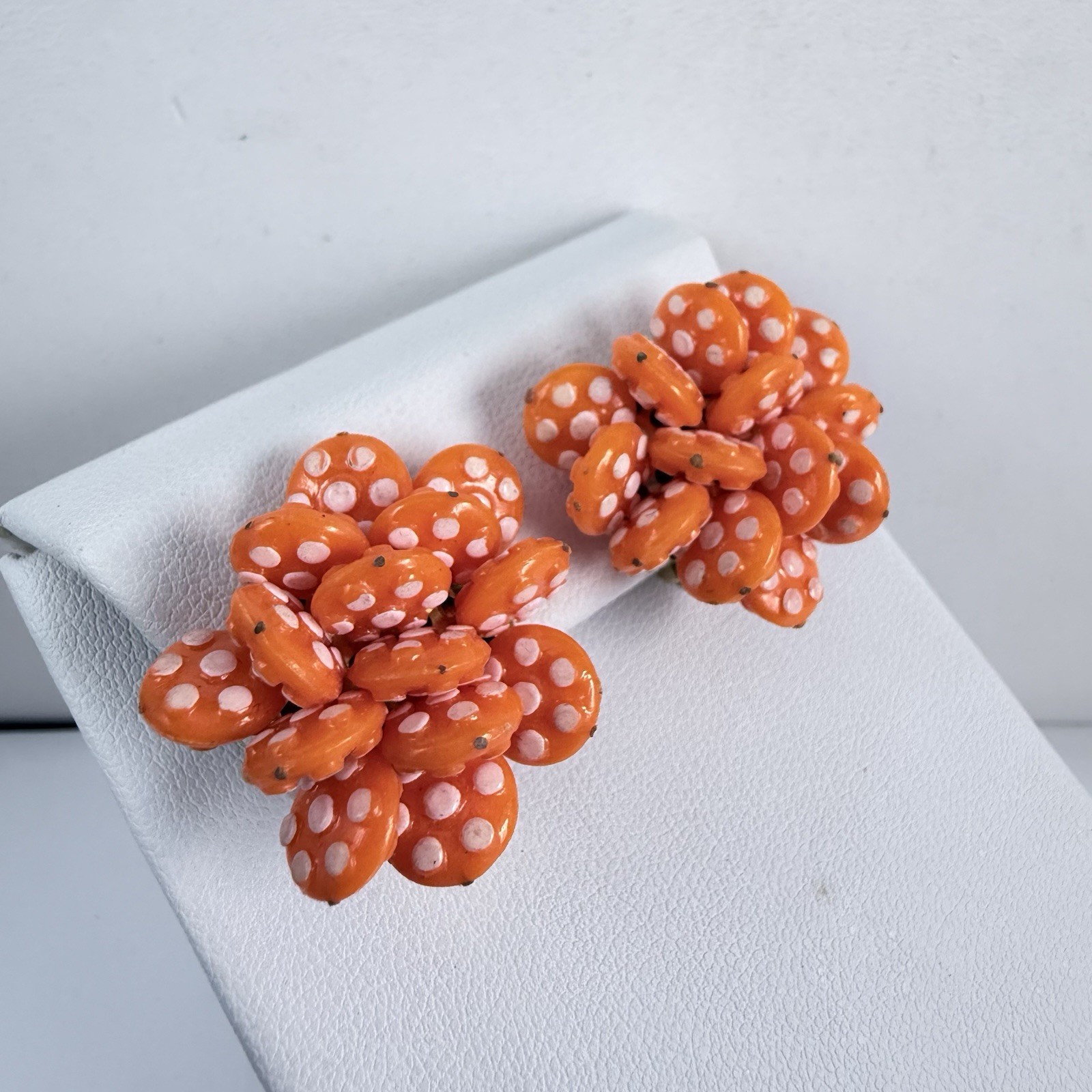 Vintage 1960s Orange & White Polka Dot Clip on Earrings
