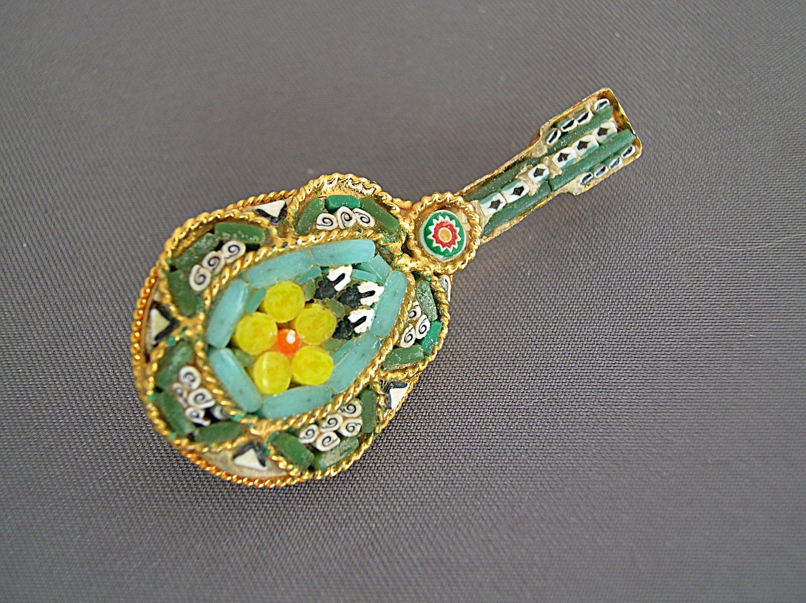 Vintage Italian Micro Mosaic Millefiori Figural Mandolin Pin