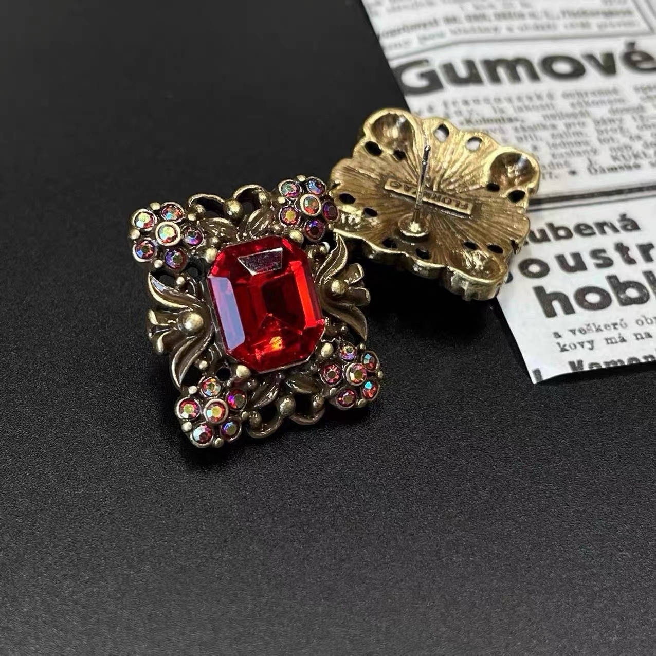 Vintage Red Crystal Square Earrings – Baroque Gold Rhinestone Studs Gift for her