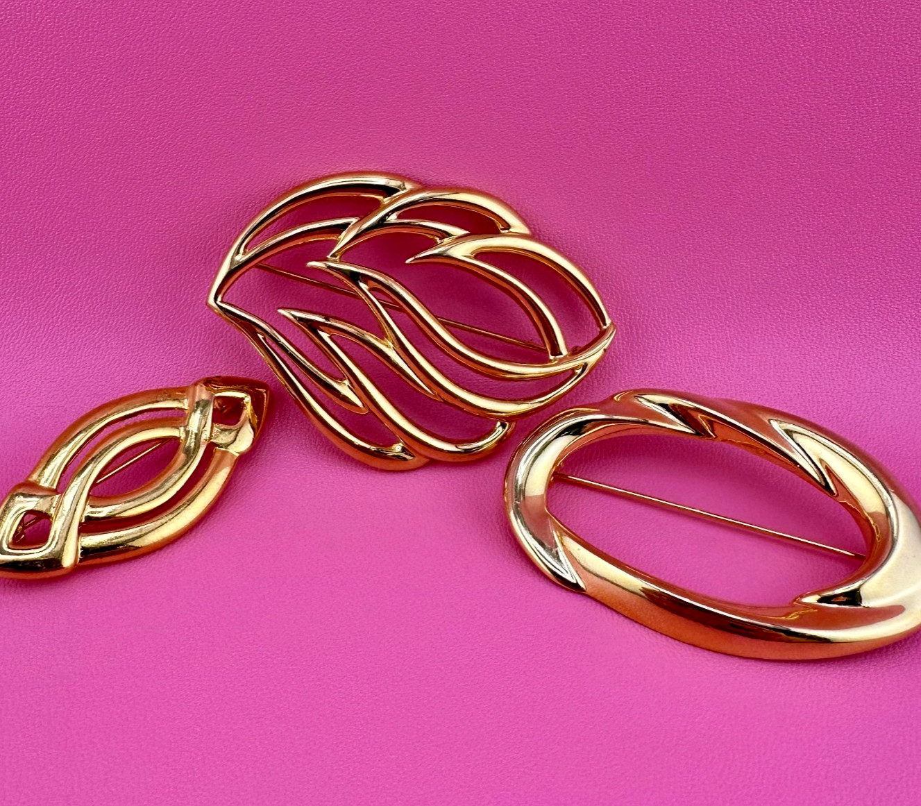 Vintage Brooch Lot Shiny Gold Tone 1990s Open Work Metal Oval Leaf Monet 1990s