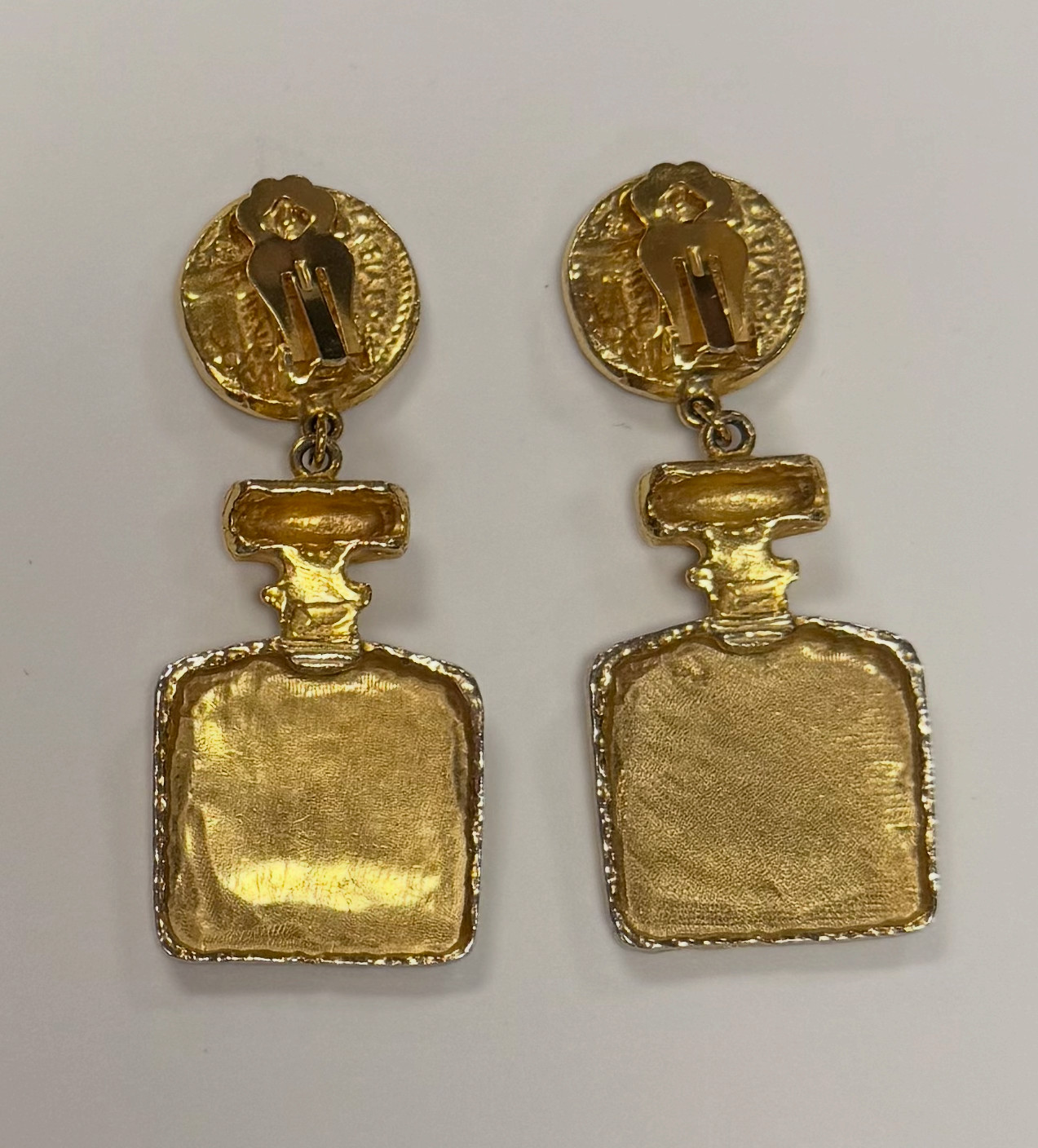 Vintage Gold Tone “Parfum Paris” Perfume Bottle Clip On Earrings French Novelty