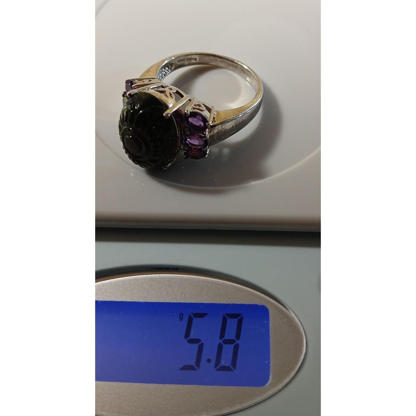 Vintage 1990s Thailand CBS 925 Sterling Silver Carved Onyx Amethyst Ring Size 8