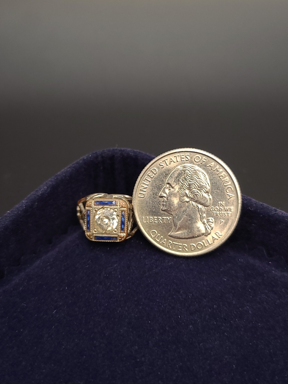 Vintage Cowen Gold Tone Blue Clear Glass Stone Ring Size 5.5-6