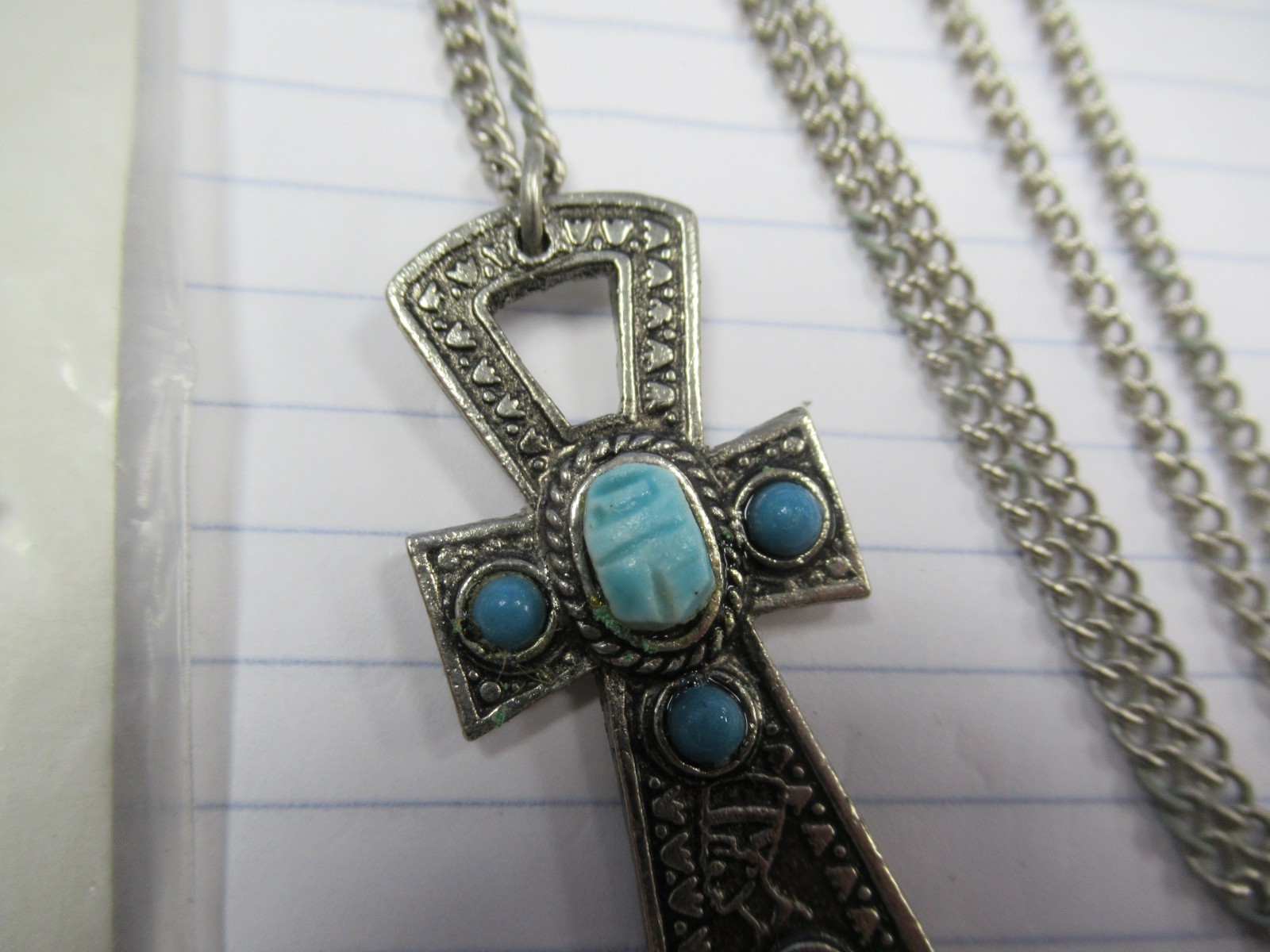 Vintage Made Egypt Egyptian Ankh Faience Scarab Costume Jewelry Pendant Necklace
