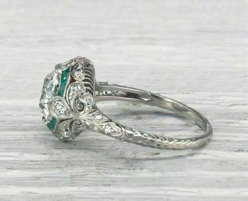 Art Deco Round Lab Created Diamond & Emerald Wedding 14Ct White Gold Finish Ring