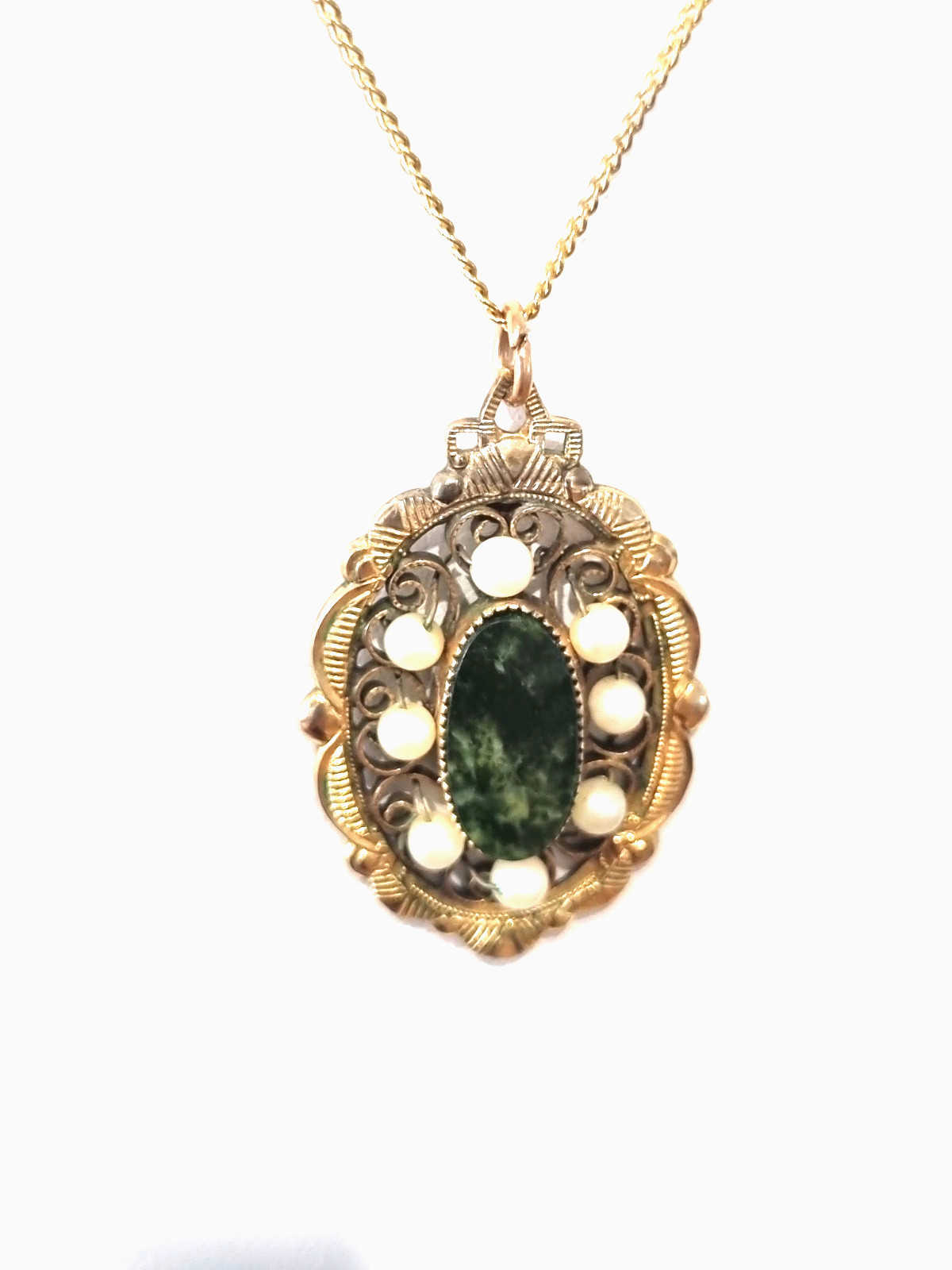 Vintage 12k Gold Fill Real Pearl Genuine Jade Pendant Chain Necklace See Video