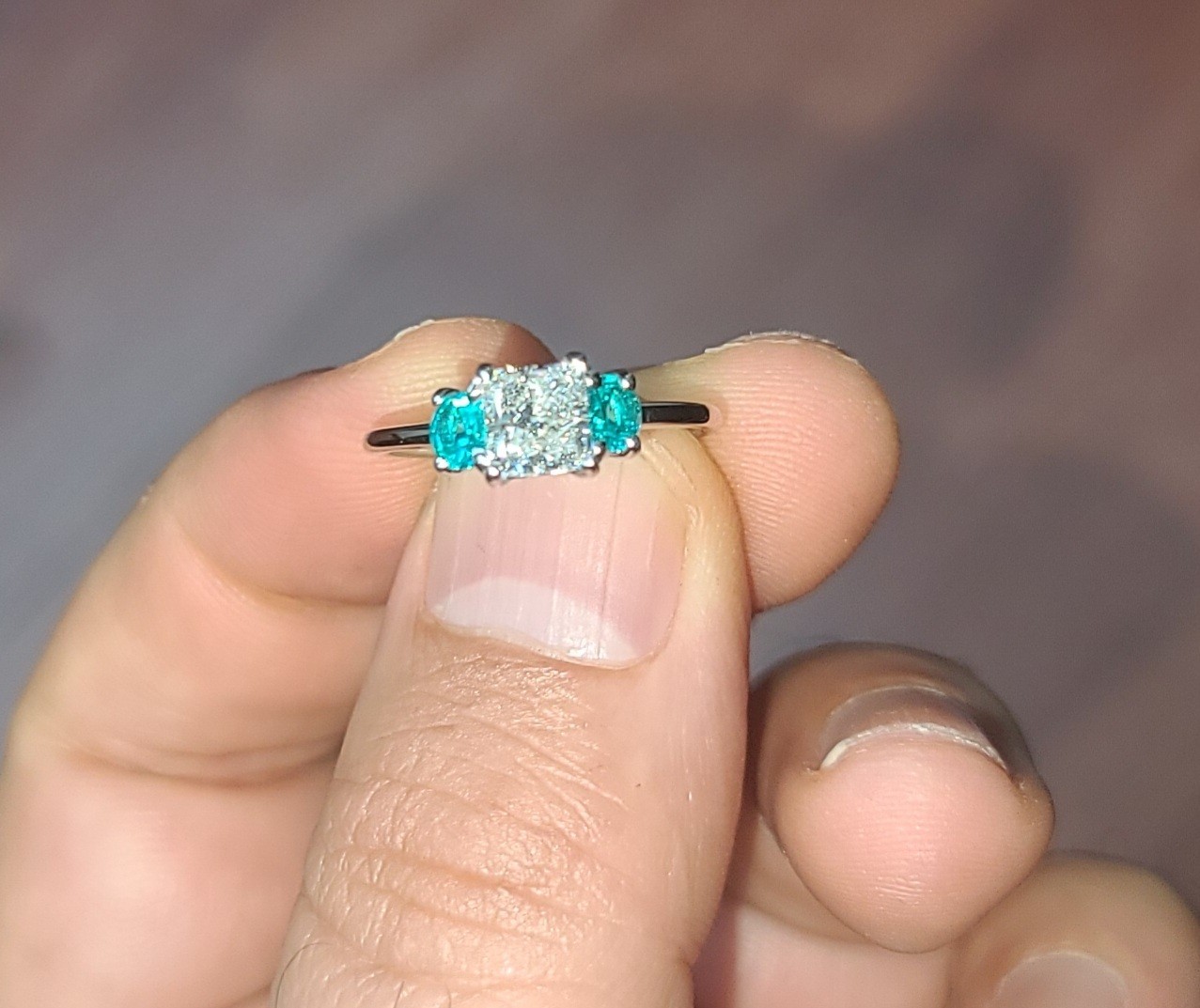 14K White Gold Engagement Three Stone Ring 1.02CT.Natural Princess Cut Diamond