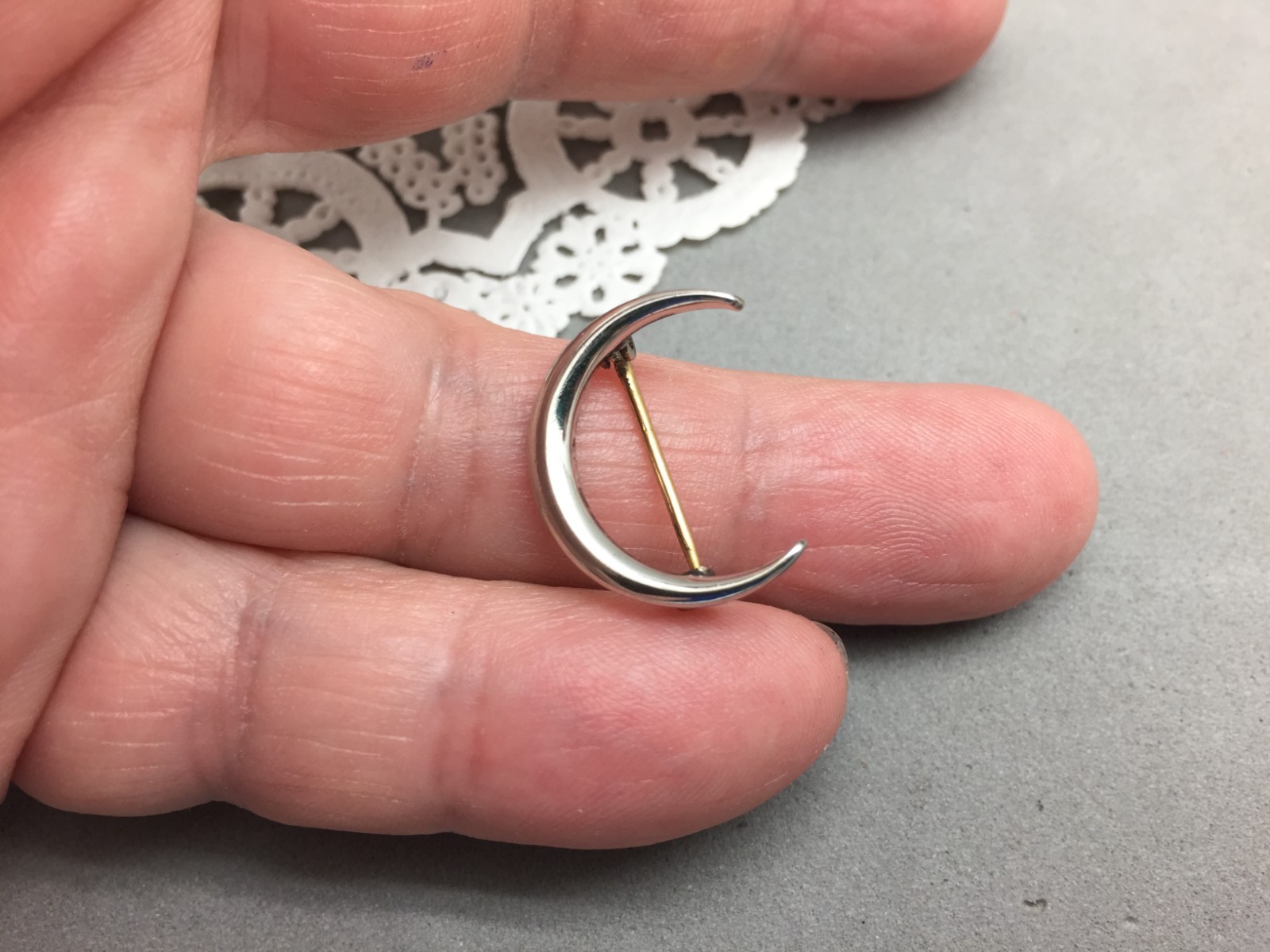 Antique Crescent Moon Pin Silver Tone “C” Closure 3/4″ Dainty Celestial