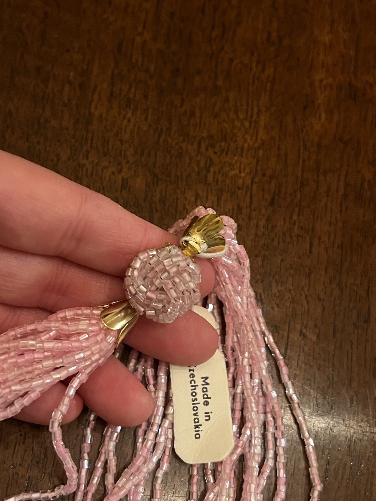 Vintage Czech Pink Glass Multi Strand Necklace Gold Tone NWT Nice!