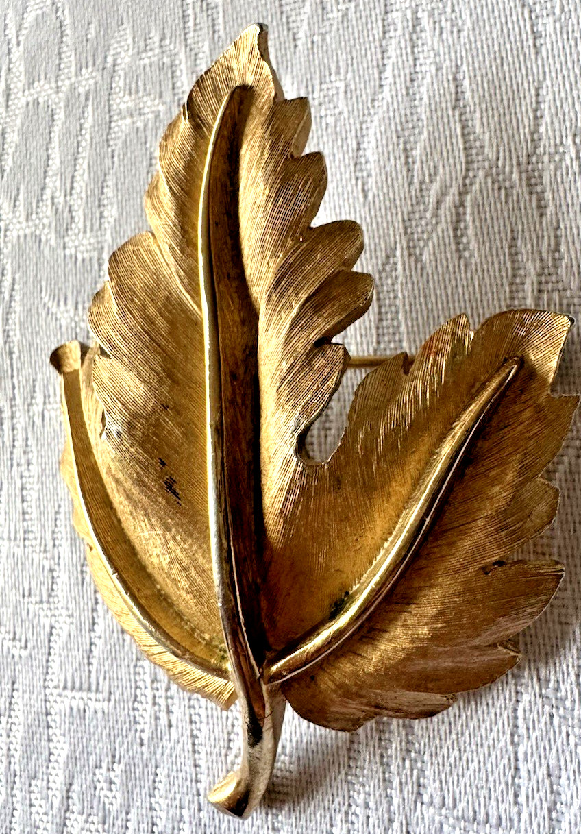 Vintage Gold Tone Leaf Brooch Signed Trifari Textured Mid Century Costume Jewel