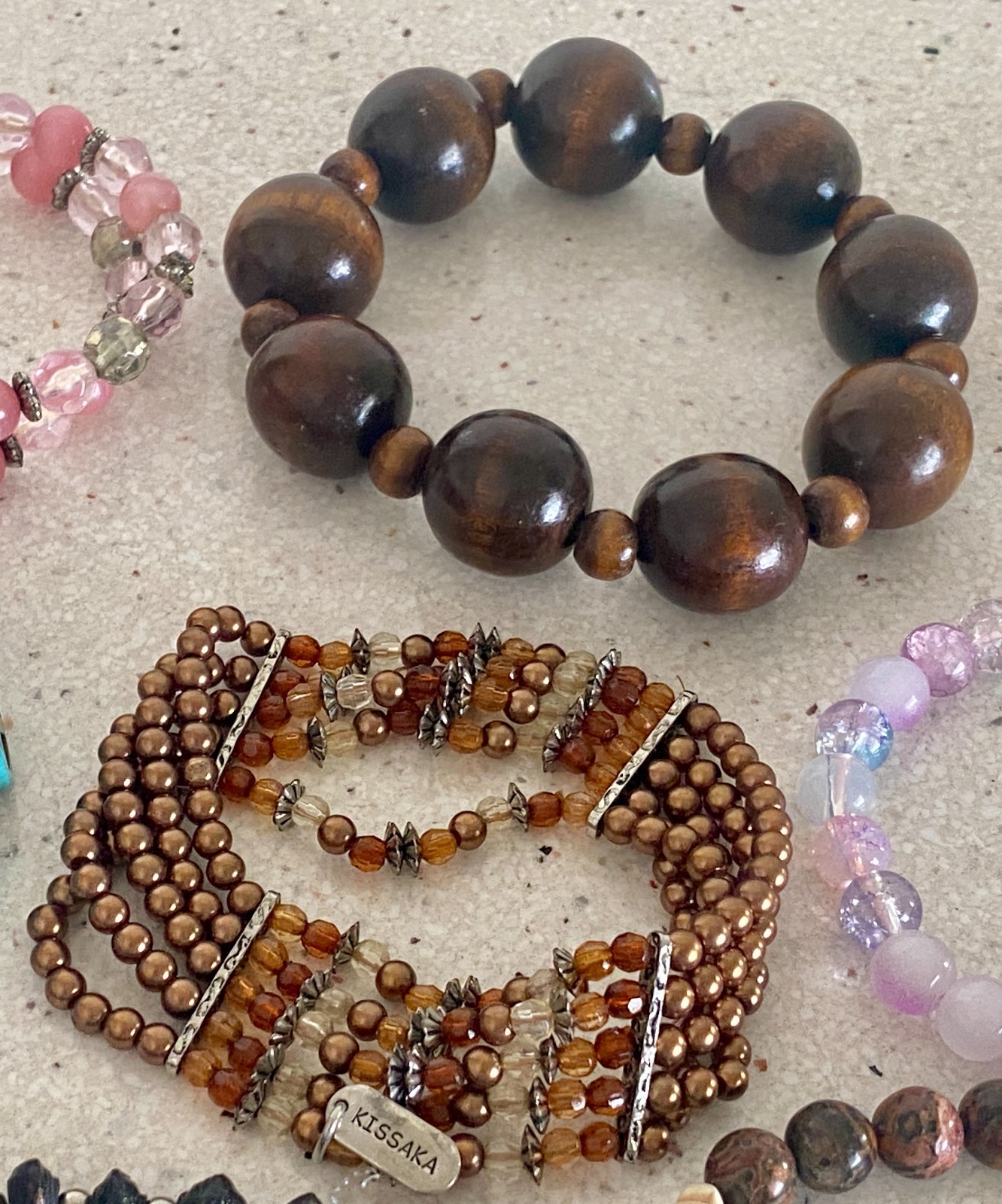 Lot of 16 Bracelets Beaded Stretch Gemstone Wood Lucite Stackable Lizas Kissaka