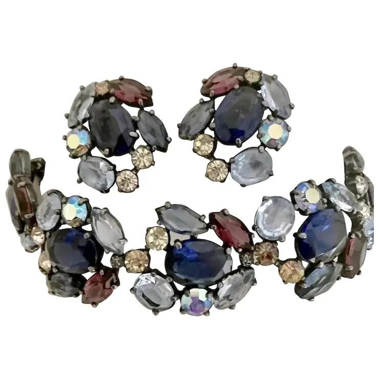 SCHIAPARELLI Sapphire Amethyst Aurora Borealis Crystals Bracelet & Clip Earrings