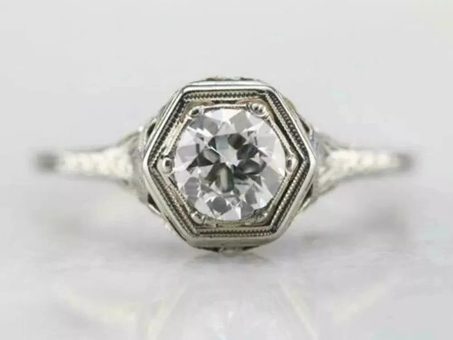 Vintage Art Deco 1Ct Round Lab Created Diamond 14K White Gold FN Engagement Ring