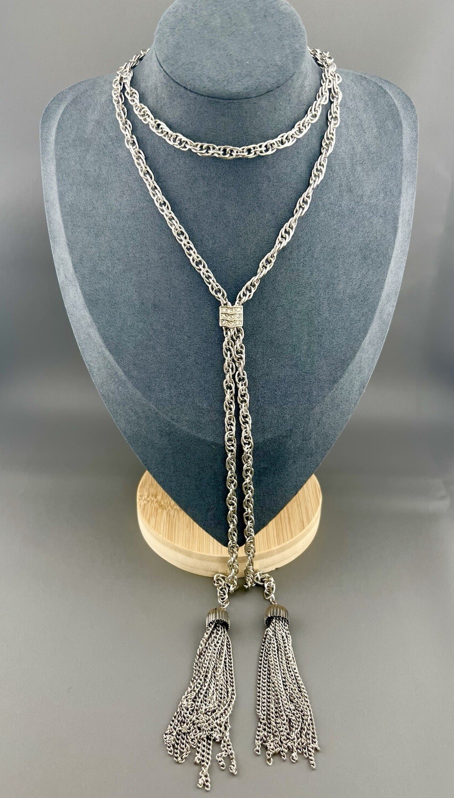 Vintage Tassel Necklace Rhinestone Bolo Style Silver Tone Chain 26”