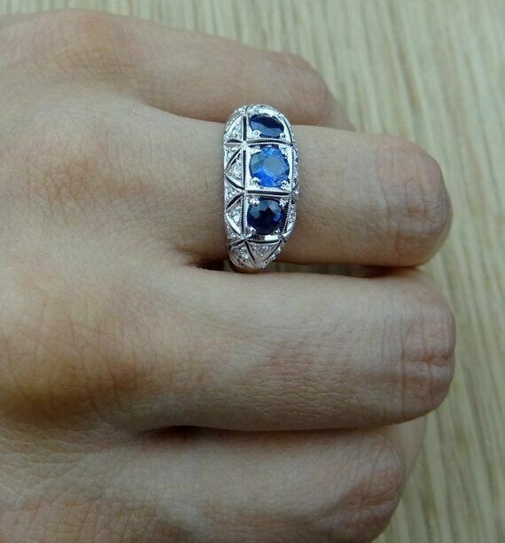 Art Deco Style 3Ct Round Lab Created Sapphire Engagement 14K White Gold FN Ring