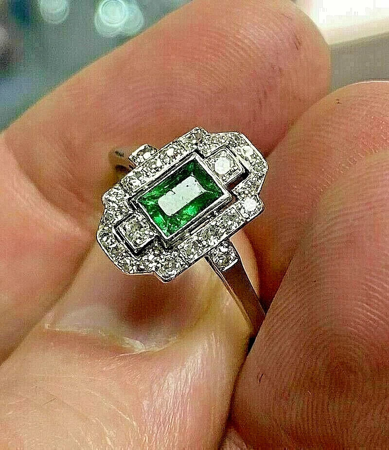Art Deco Style Lab Created Diamond & Emerald Engagement 14k White Gold FN Ring