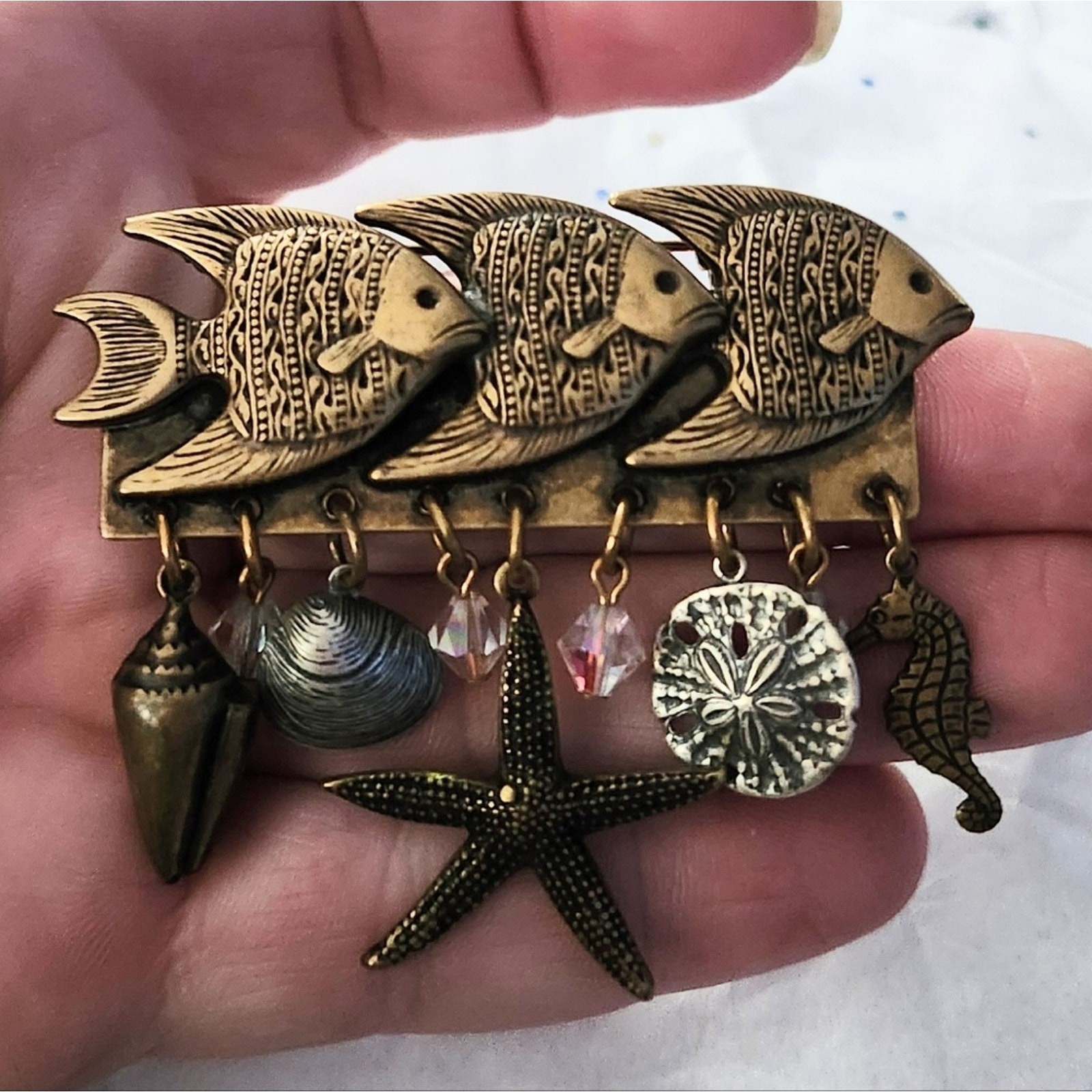 Vtg 1995 Susan L Richardson Angel Fish Bar Sea Creatures Dangle Brooch Pin