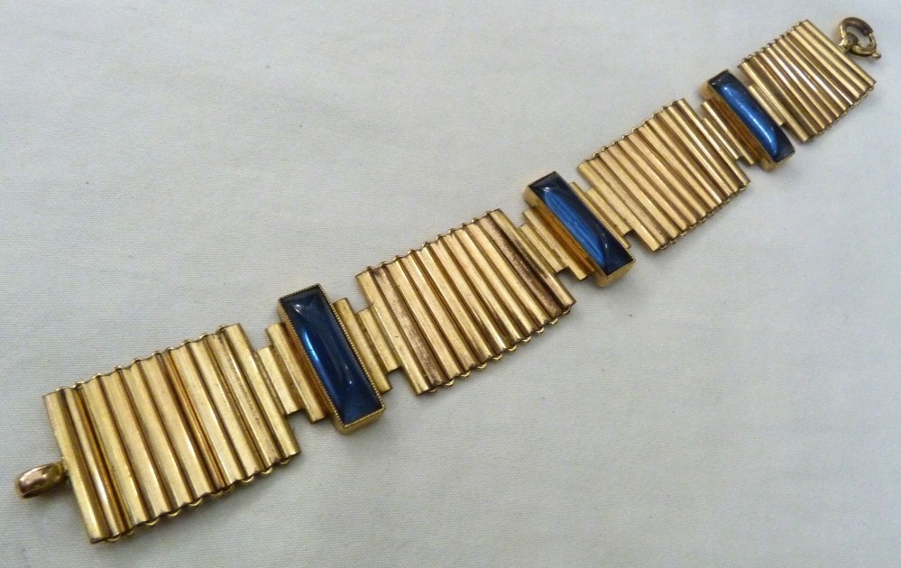 VTG KOLLMAR & JOURDAN ROLLED GOLD ART DECO LINKS SAPPHIRE BLUE GLASS BRACELET