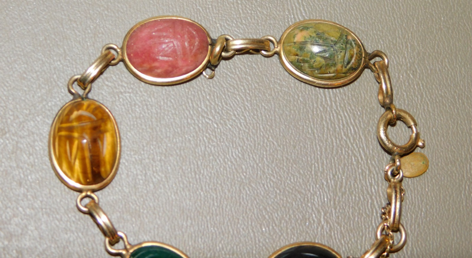Bal-Ron Signed 5 Multicolor Scarab Link Bracelet 1/20 12k GF 7.50” L Vintage