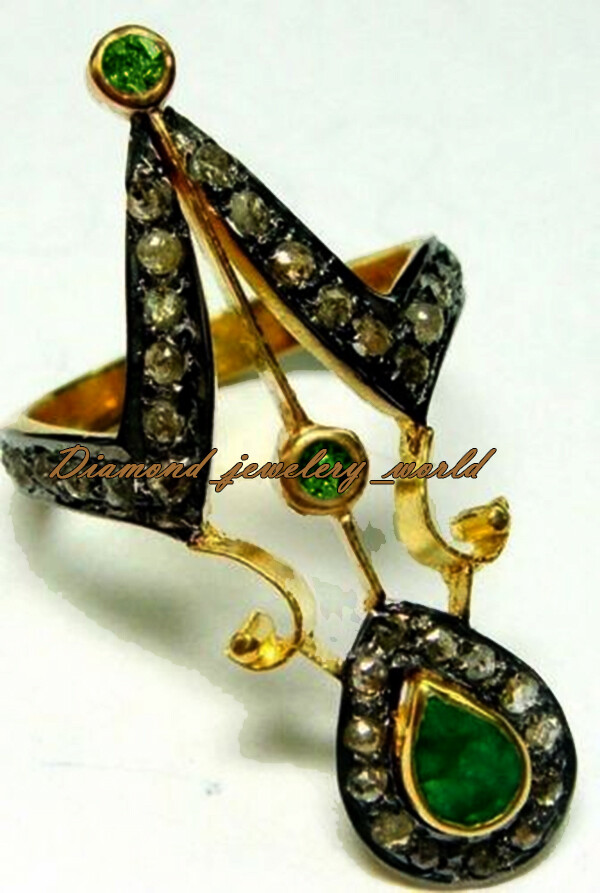 Gorgeous 2.25ctw Rose Cut Diamond Emerald Studded Silver Victorian Ring Jewelry