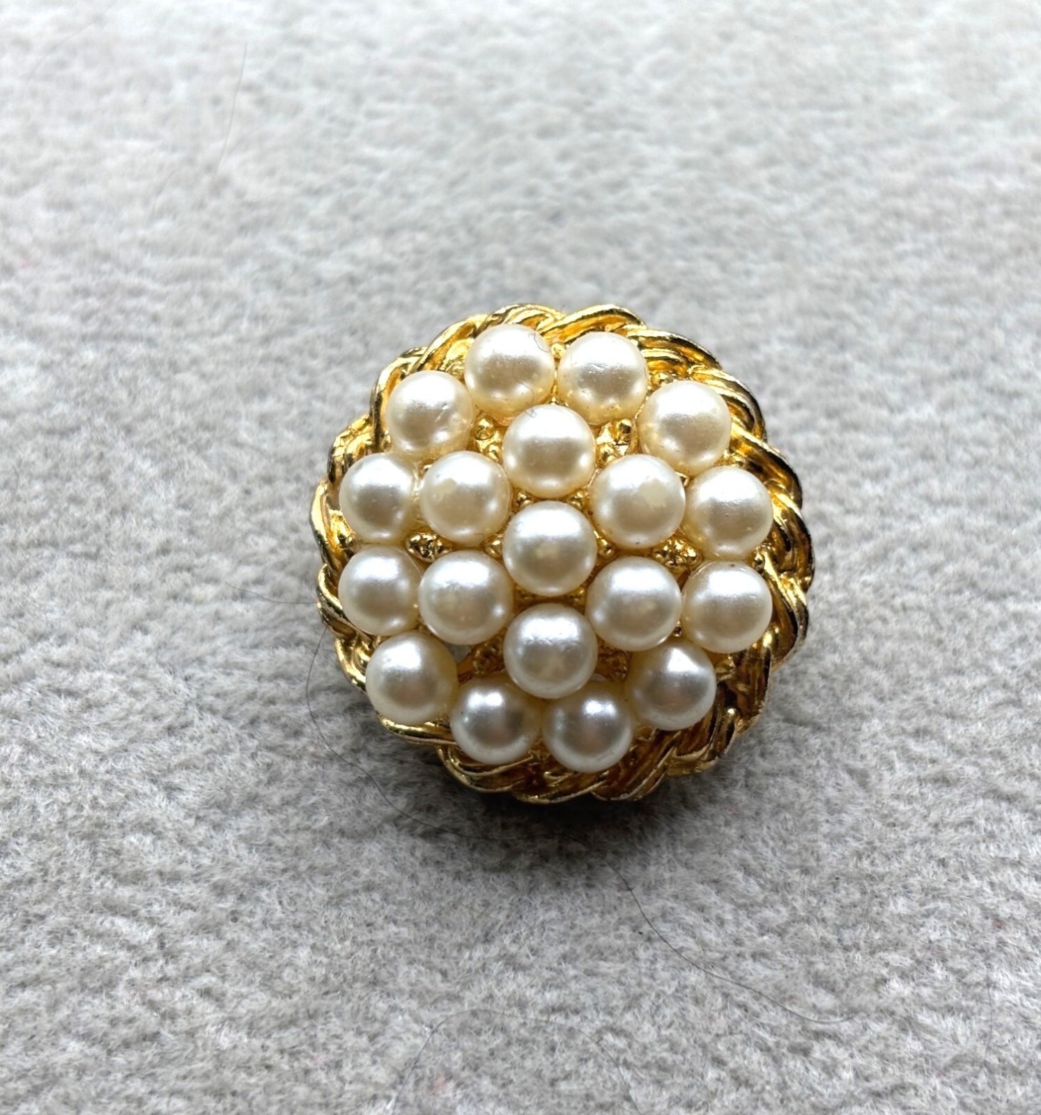 Estate Vintage Brooch Gold-Tone Faux Pearls & Textured Twist Button Trendy Style